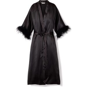 NWT Petite Plume Black Mulberry Silk Robe with Feather Sleeves